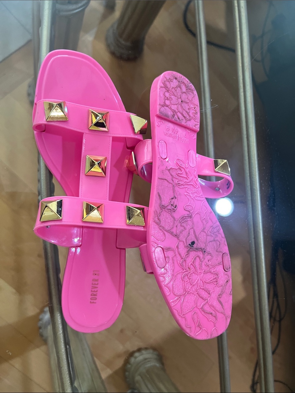 Forever 21 Hot Pink Double-Strap Slide Sandals with Gold Studs - Picture 6 of 6
